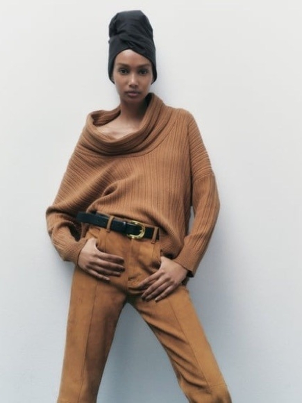 Zara Ribbed Cowl-Neck Sweater in Camel